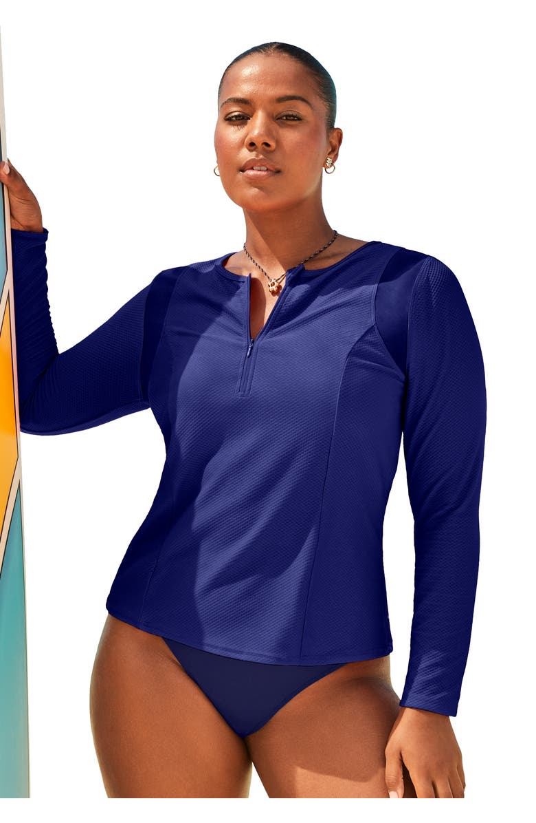 Swimsuits for All Chlorine Resistant Quick-Dry 1/4 Zip Front Long Sleeve Swim Rash Guard, Main, color, Deep Sea