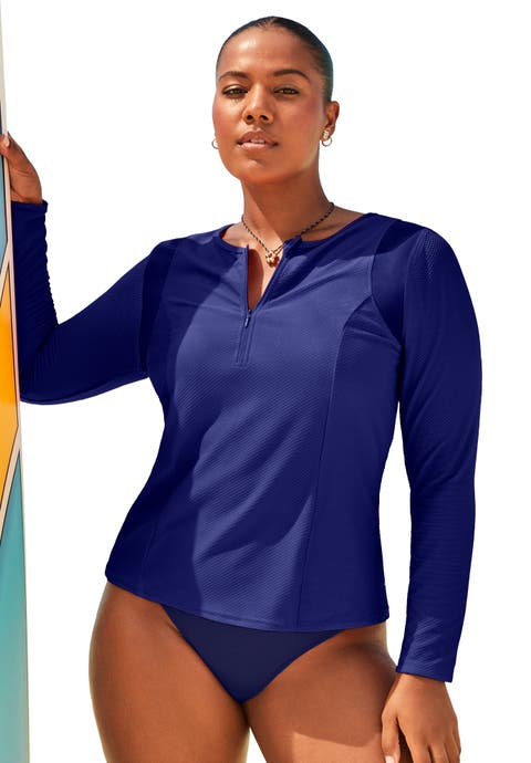 Chlorine Resistant Quick-Dry 1/4 Zip Front Long Sleeve Swim Rash Guard (Plus Available)