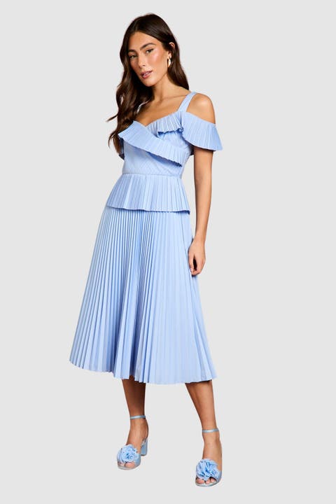 Pleated V-Neck Midi Dress
