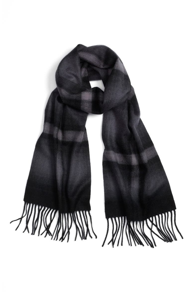 Plaid Dip Dye Woven Cashmere Scarf, Main, color, BLACK