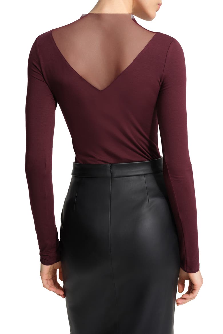 Saige Mesh Yoke Mock Neck Top, Alternate, color, BURGUNDY