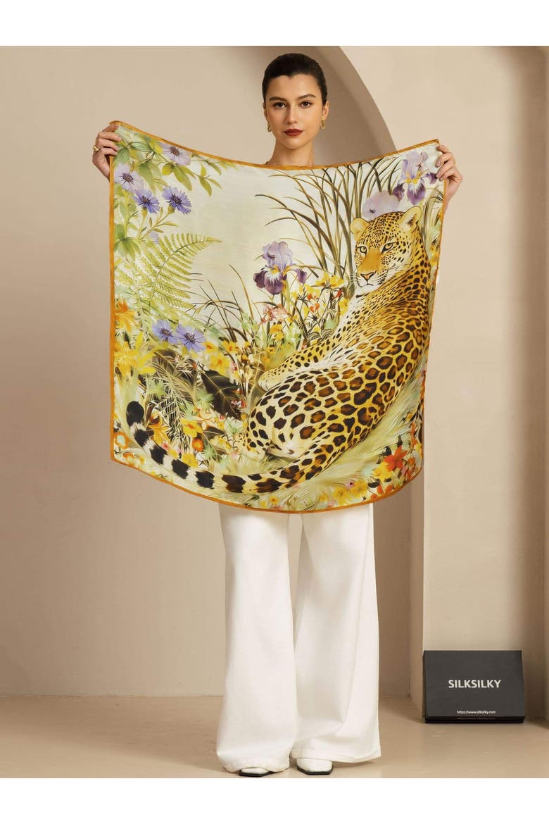 Pure Silk Leopard & Floral Scarf, Alternate, color, Orange
