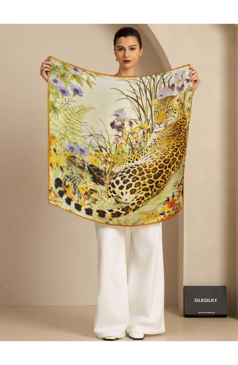 SILKSILKY Pure Silk Leopard & Floral Scarf, Alternate, color, Light Pink