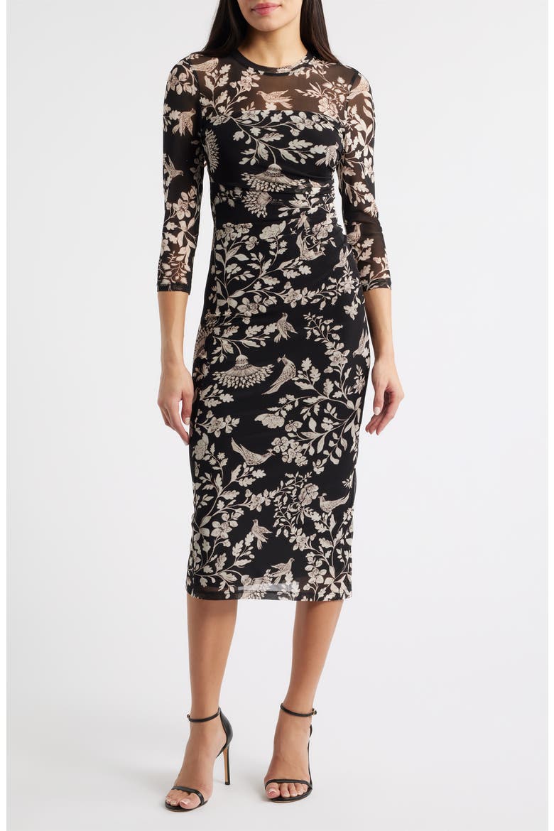 Floral Side Ruched Mesh Midi Dress, Main, color, ANNE BLACK MULTI