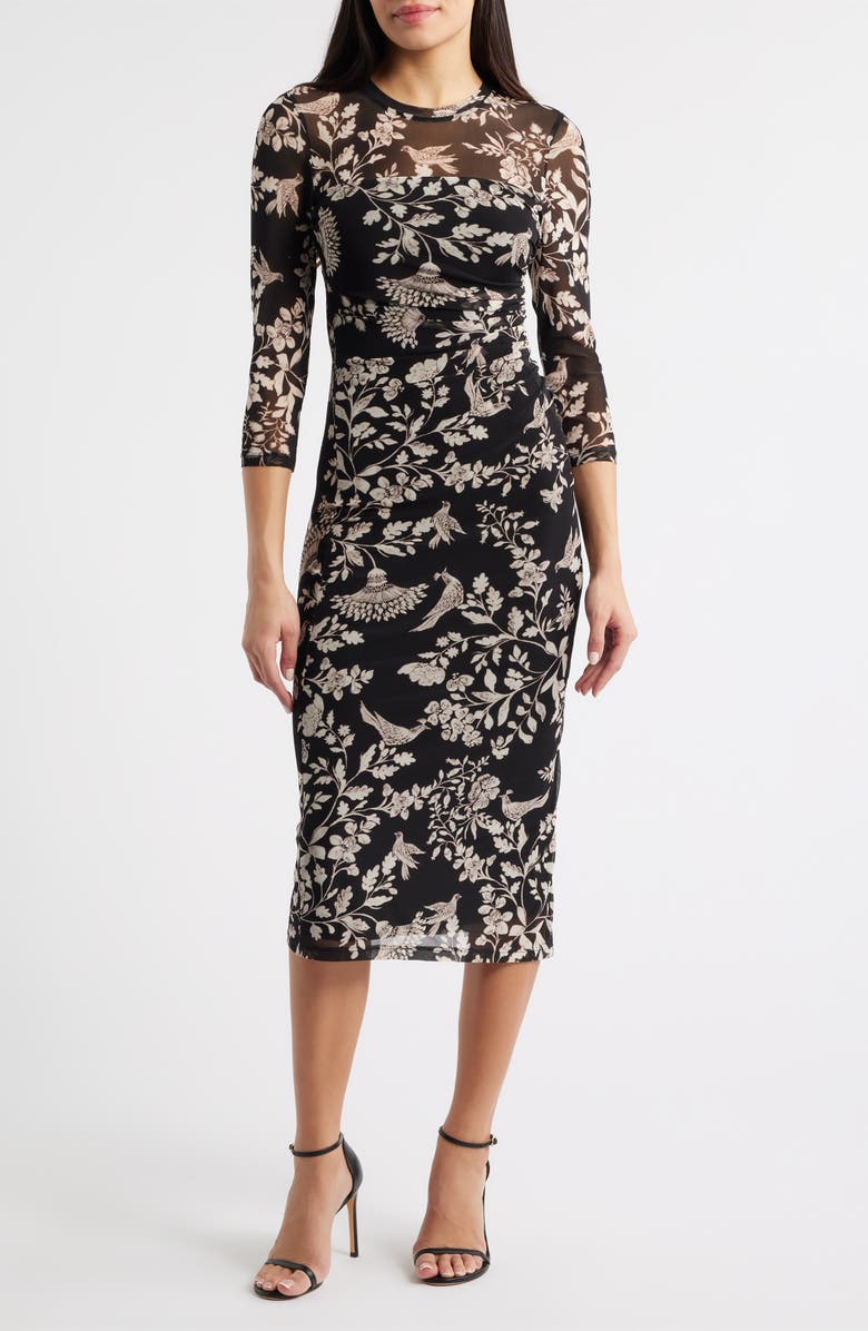 Anne Klein Floral Side Ruched Mesh Midi Dress, Main, color, Anne Black Multi