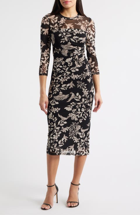 Floral Side Ruched Mesh Midi Dress