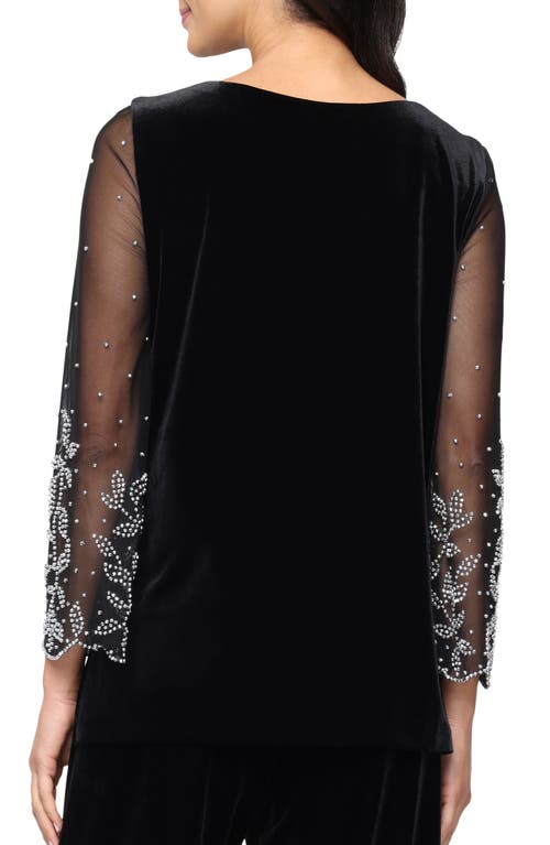 Alex Evenings Sheer Rhinestone Sleeve Velvet Blouse In Black