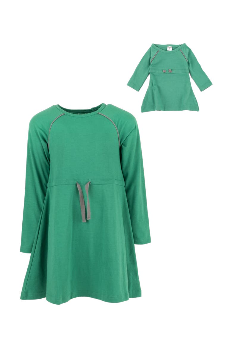 Girls Bow Tie Dress with Matching Doll Dress, Alternate, color, GREEN