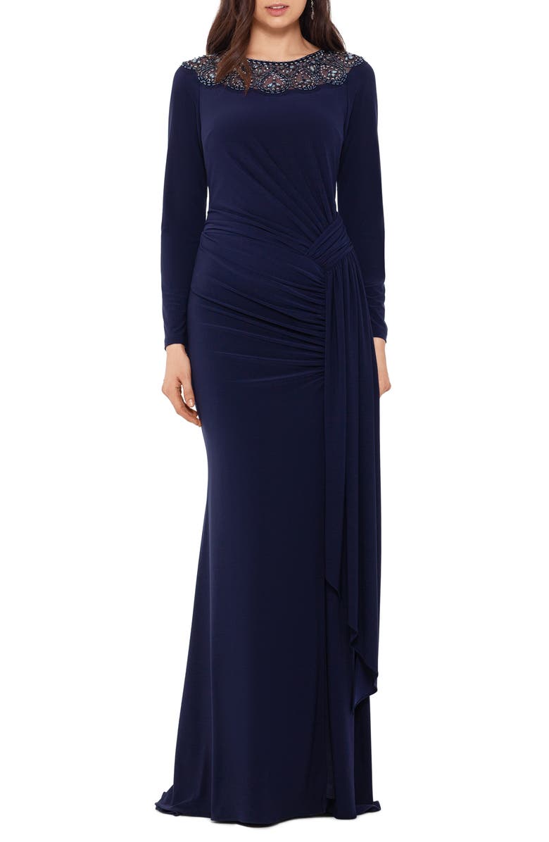 Xscape Evenings Xscape Beaded Neck Long Sleeve Ruched Jersey Gown, Alternate, color,