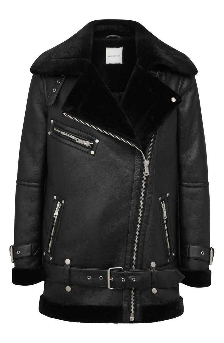 Avec Les Filles Faux Shearling Trim Faux Leather Biker Jacket, Alternate, color, 