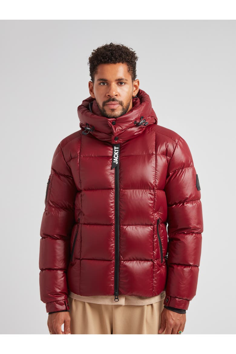 EZ Boxed Hooded Racer Puffer Jacket, Main, color, DARK CRANBERRY/BLACK