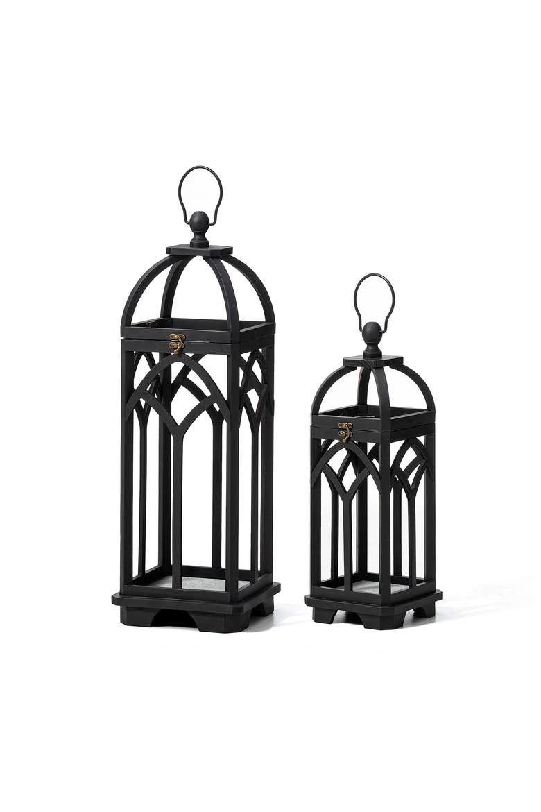 Set of 2 Wooden Church Style Decorative Lanterns Candle Holders, Main, color, Black