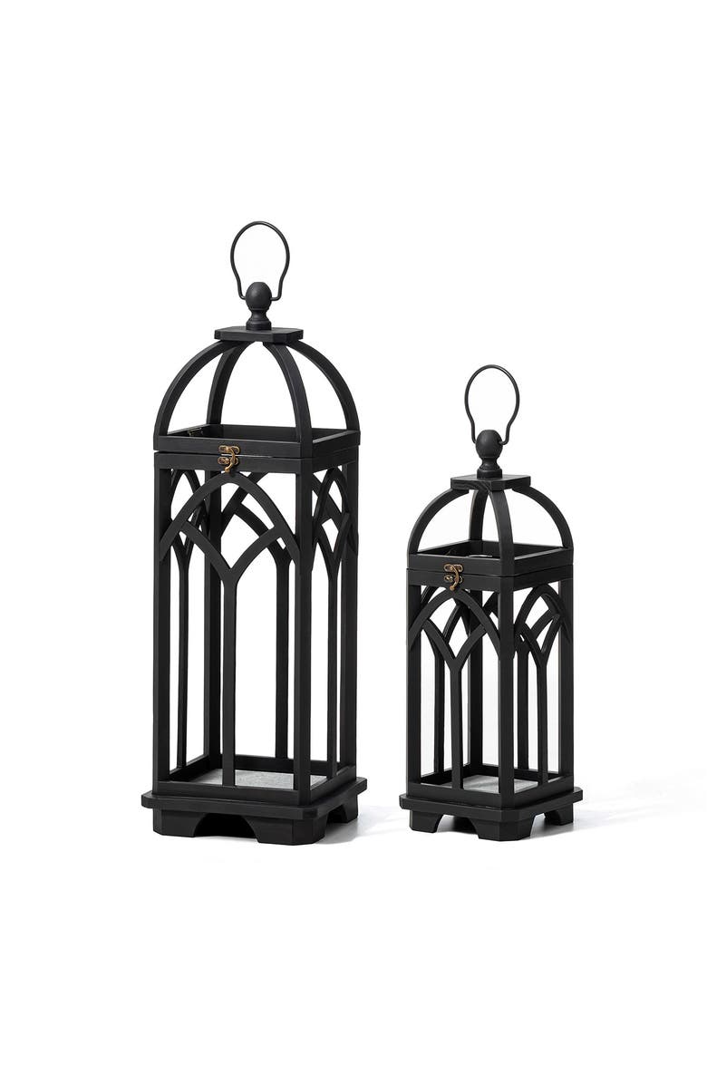 Glitzhome Set of 2 Wooden Church Style Decorative Lanterns Candle Holders, Main, color, Black