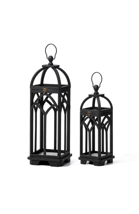 Set of 2 Wooden Church Style Decorative Lanterns Candle Holders