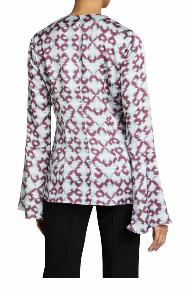 Santorelli Sydney Long Sleeve Button Down Blouse with Ruffles in Graphic Printed Charmeuse, Alternate, color, Ocean Mist