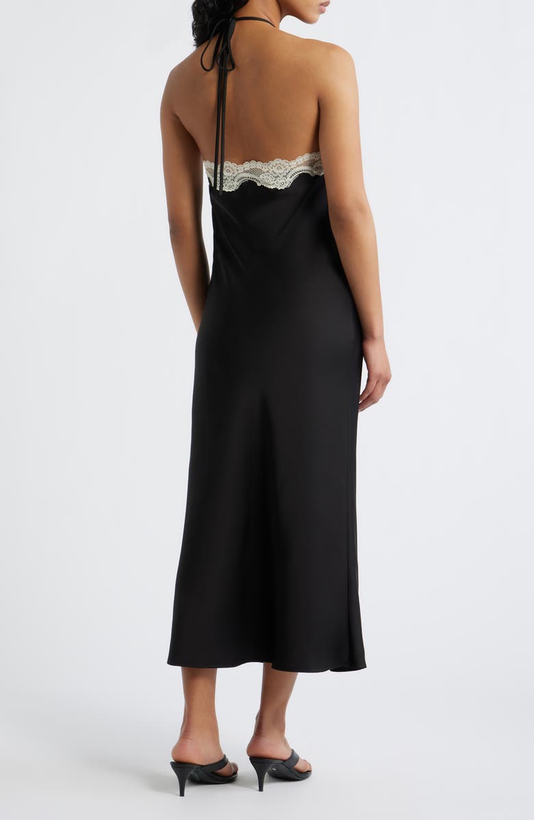 Lucy Paris Celia Lace Trim Halter Satin Dress, Alternate, color, Black