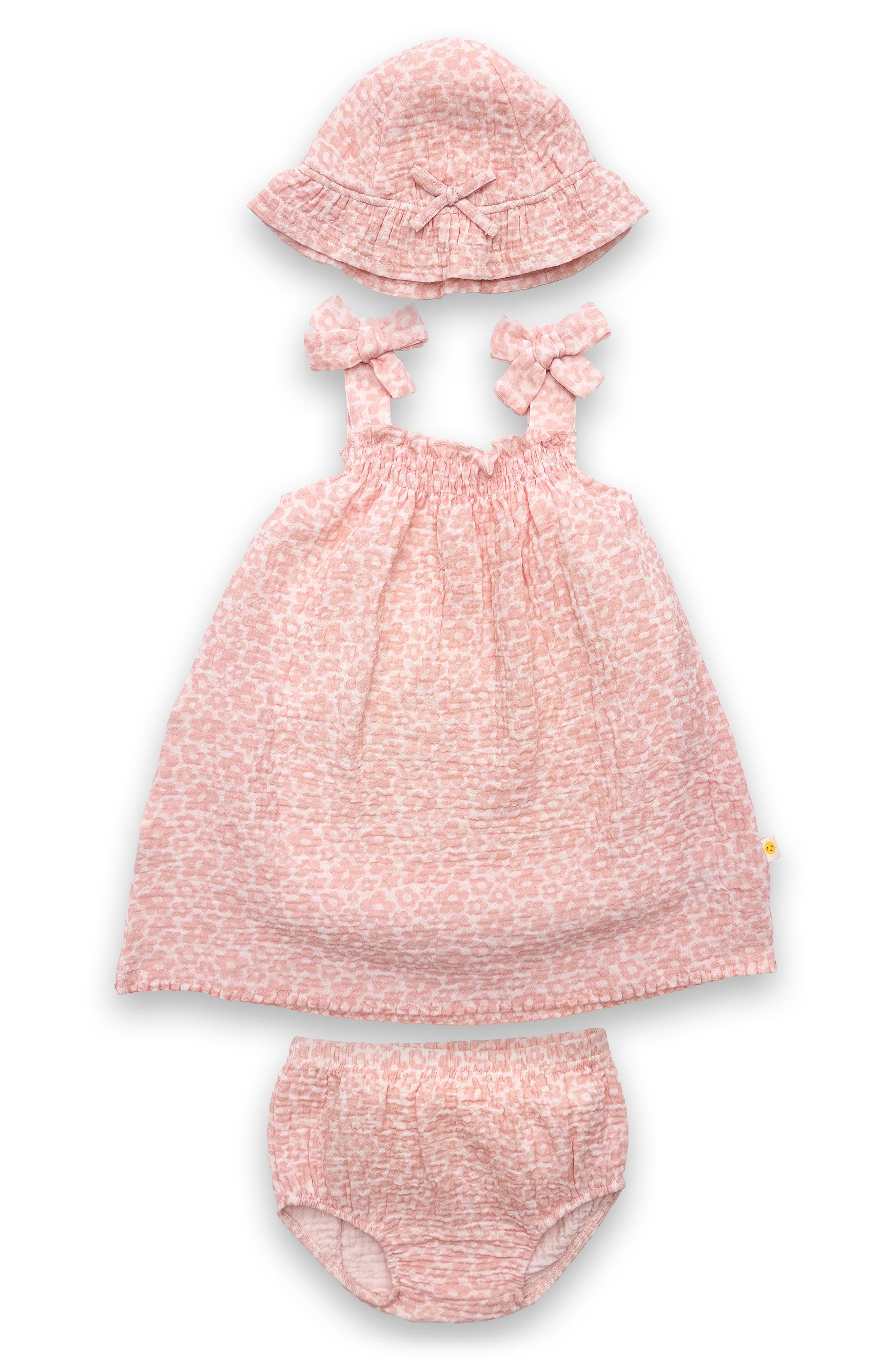 JOY JUST ORGANIC YOU Gauze Organic Cotton Dress, Bloomers & Hat Set