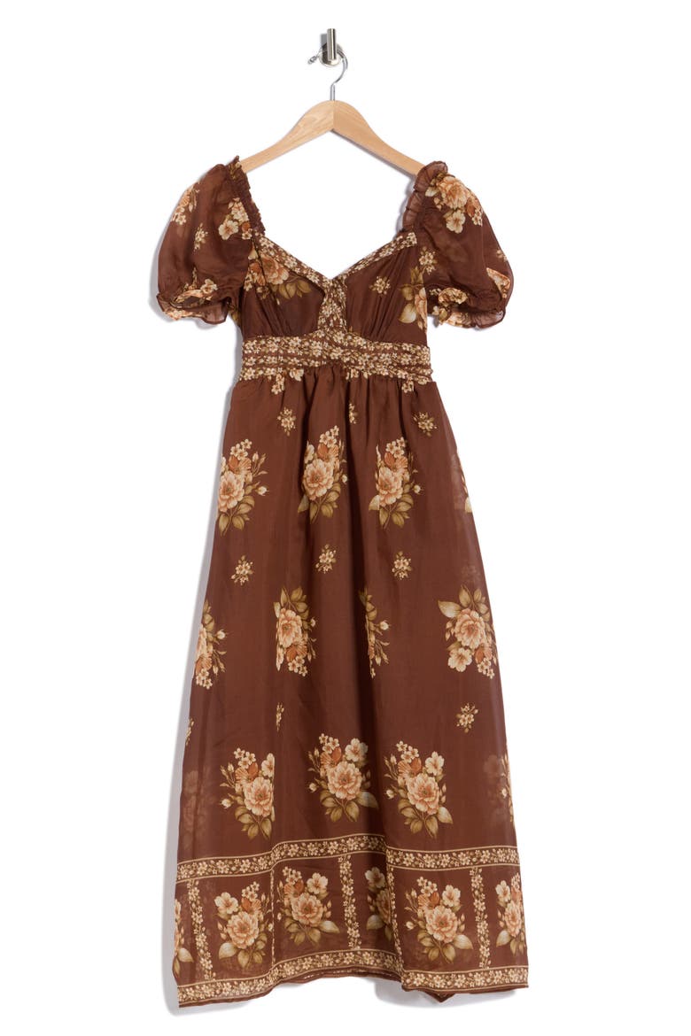 Puff Sleeve Chiffon Midi Dress, Alternate, color, BROWN MULTI
