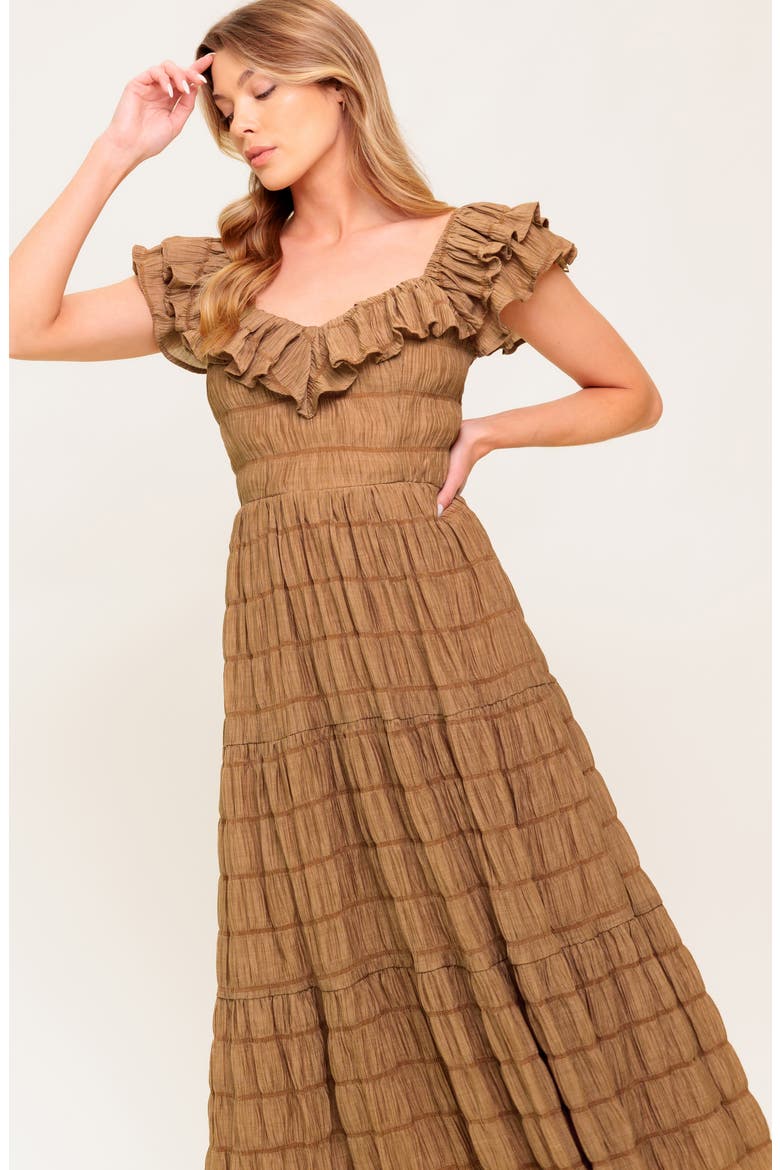 Ruffle Shoulder Midi Dress, Alternate, color, BROWN