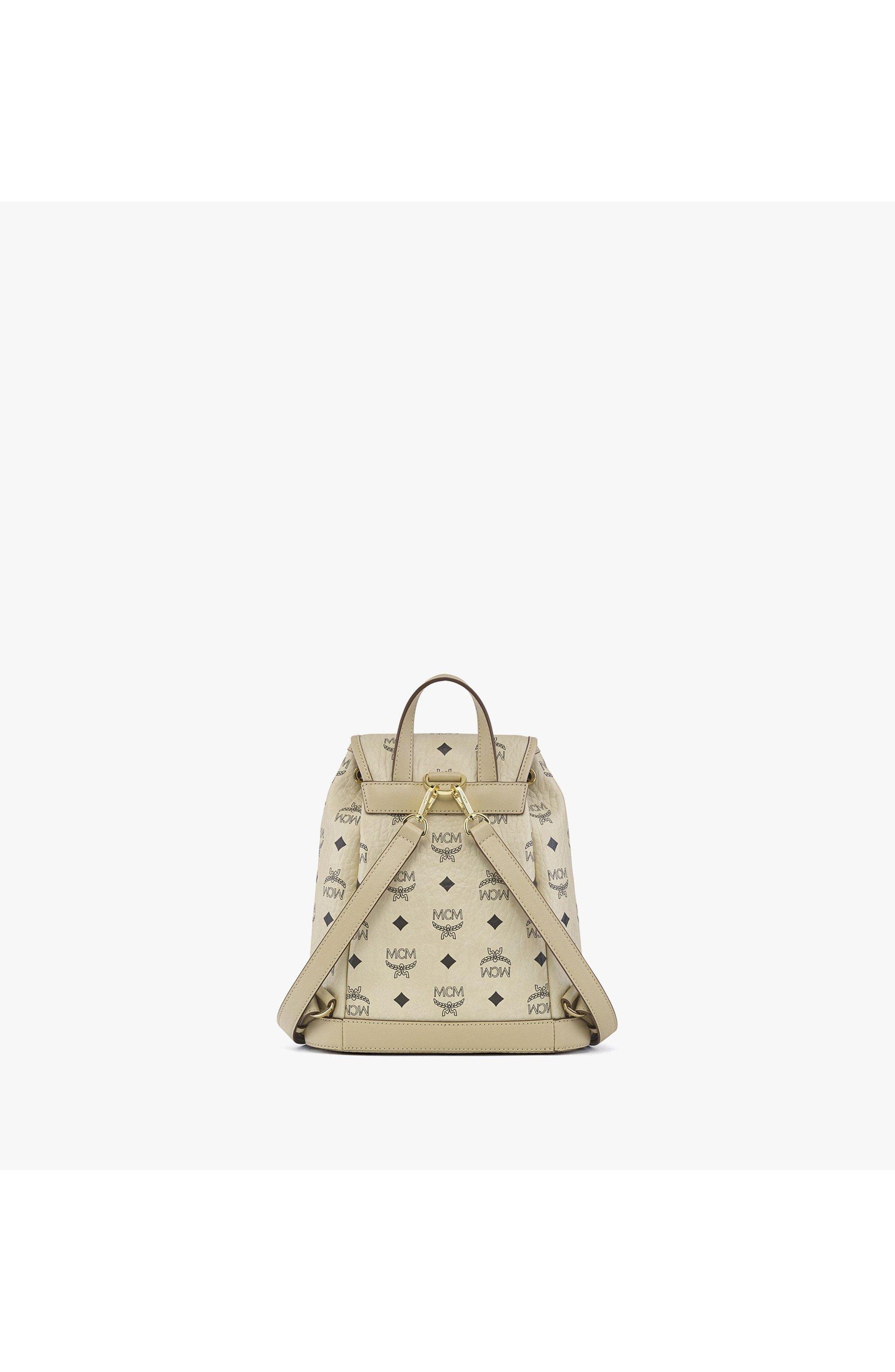 MCM Mini Aren Drawstring Backpack in Visetos, Alternate, color, Beige+Black Logo