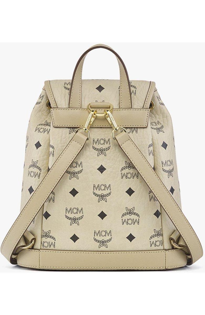 MCM Mini Aren Drawstring Backpack in Visetos, Alternate, color, Beige+Black Logo