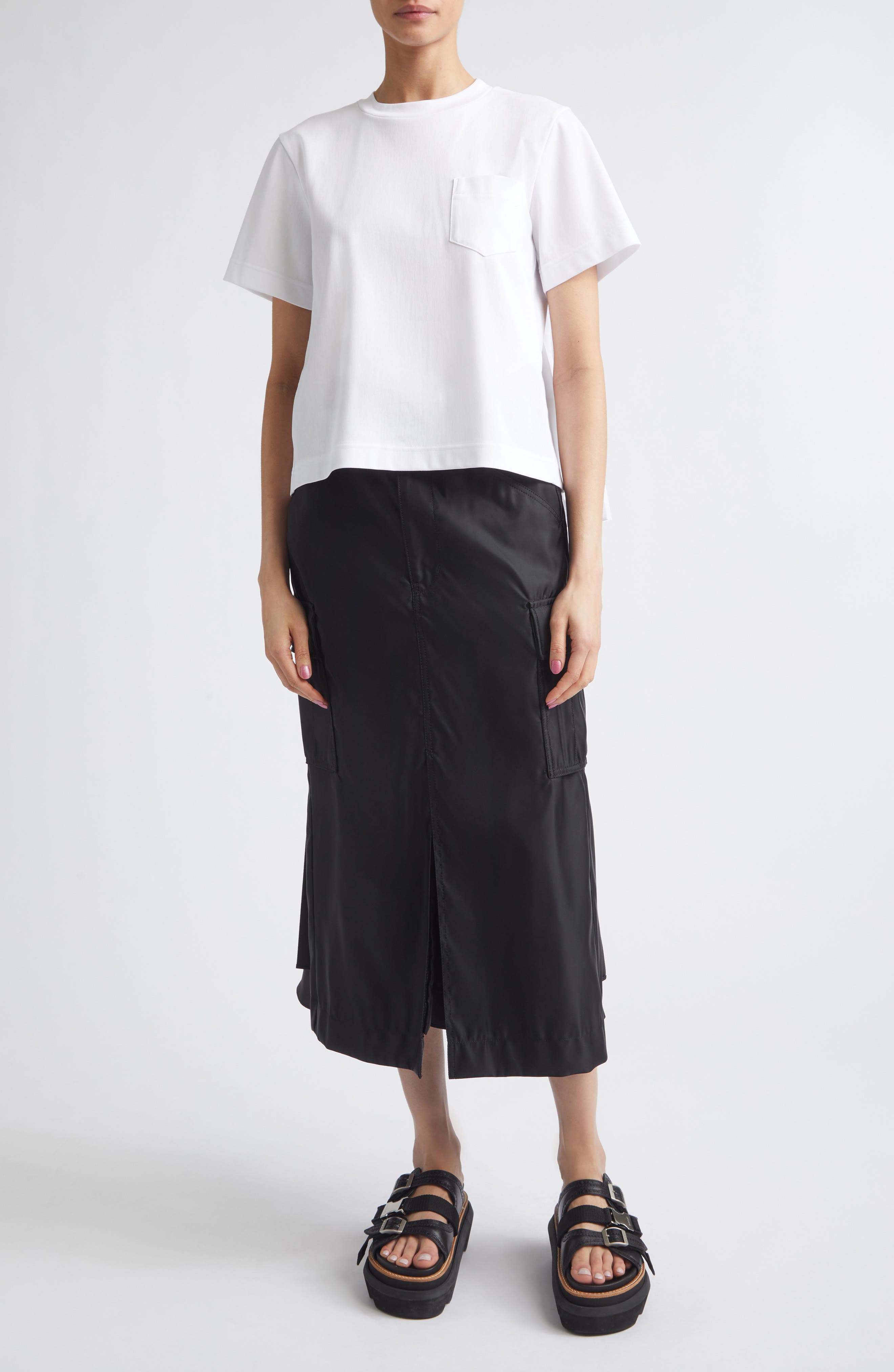 Sacai Mixed Media Pleated Poplin & Jersey Pocket T-Shirt (Women