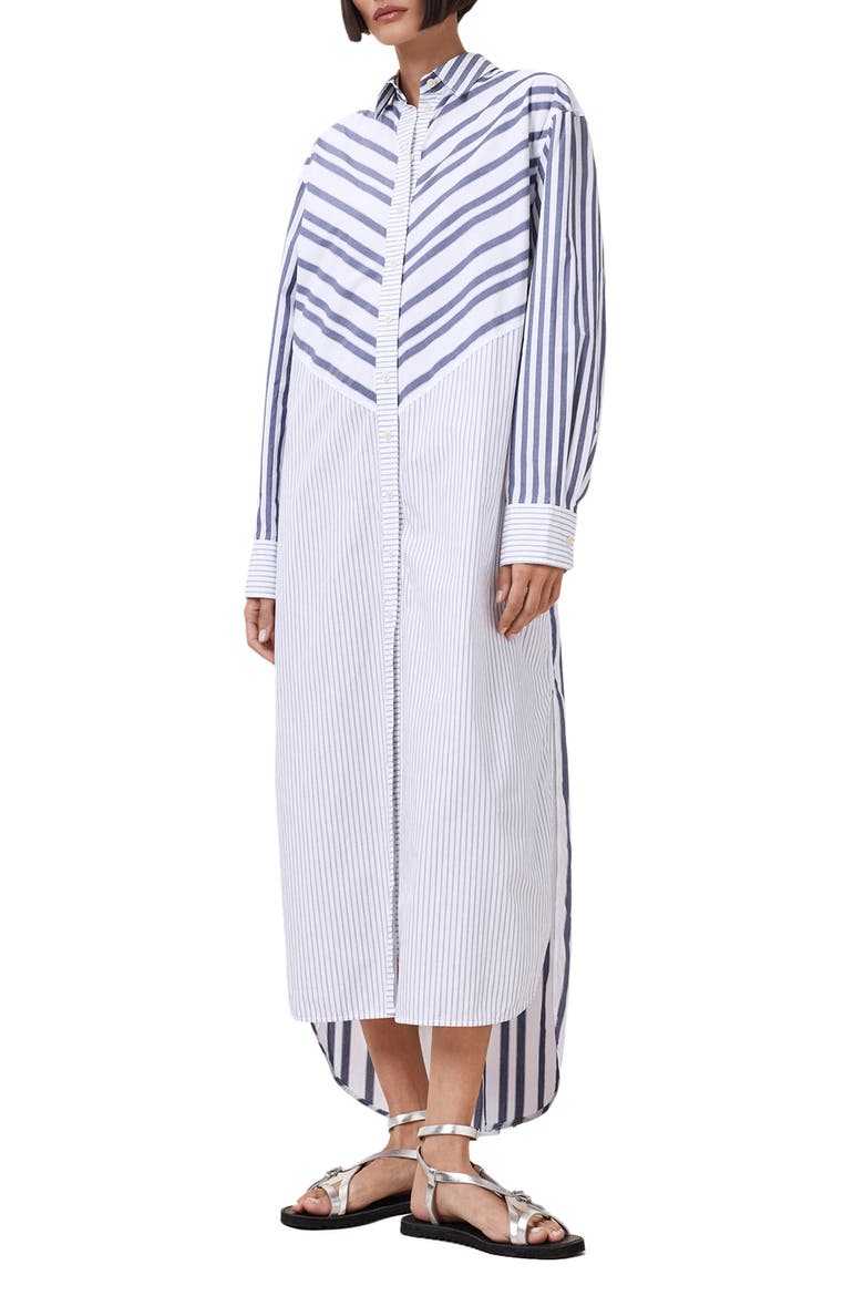 Shannon Stripe Long Sleeve High-Low Maxi Shirtdress, Main, color, WHITE/ BLUE
