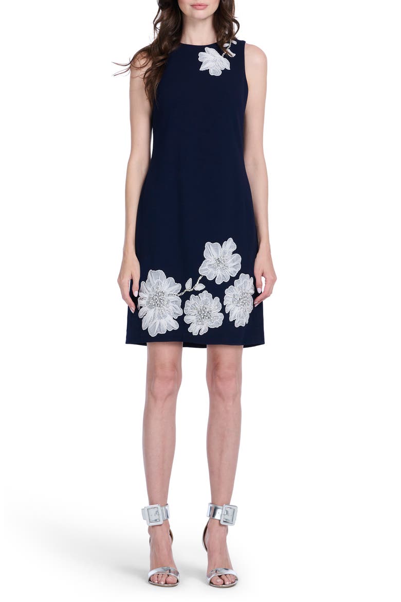 Placed Beaded Floral Appliqué Cocktail Sheath Dress, Main, color, BLACK