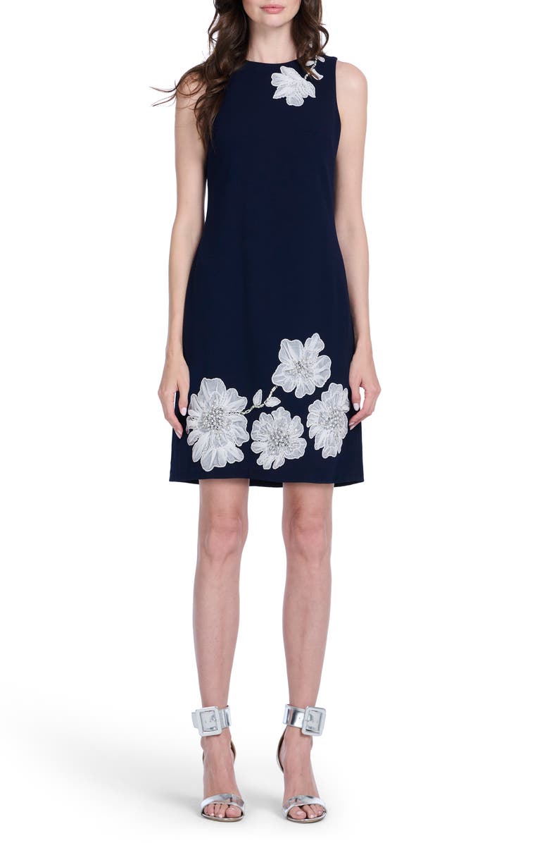 EMILY SHALANT Placed Beaded Floral Appliqué Cocktail Sheath Dress, Main, color, Black