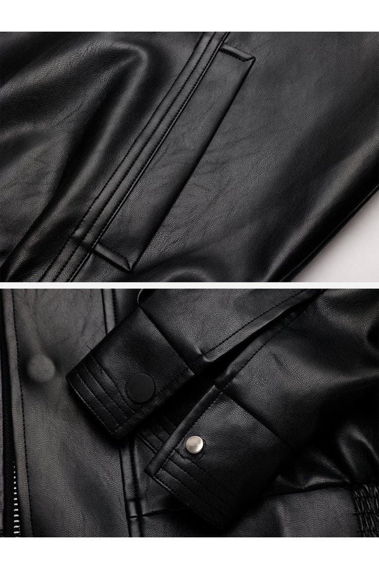 Zip Up Ruched Leather Jacket, Alternate, color, Black