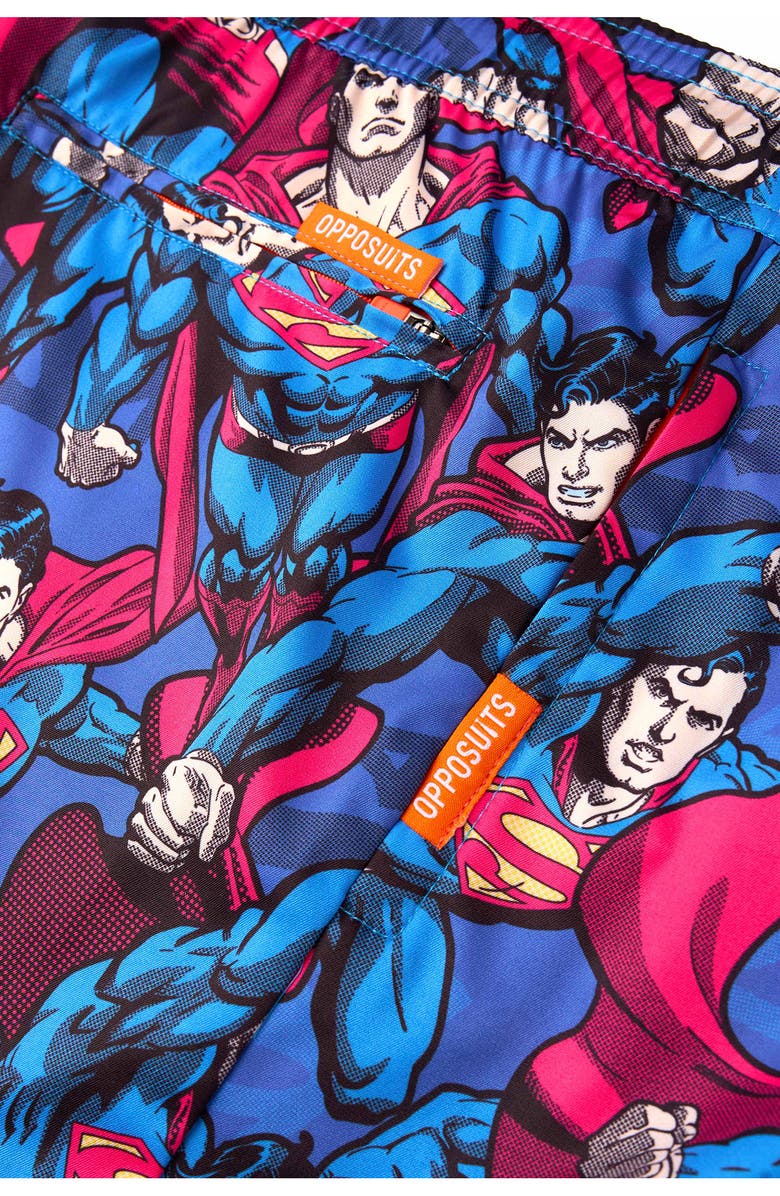 OppoSuits The Man of Steel Stretch Swim Trunks, Alternate, color, Blue Multi