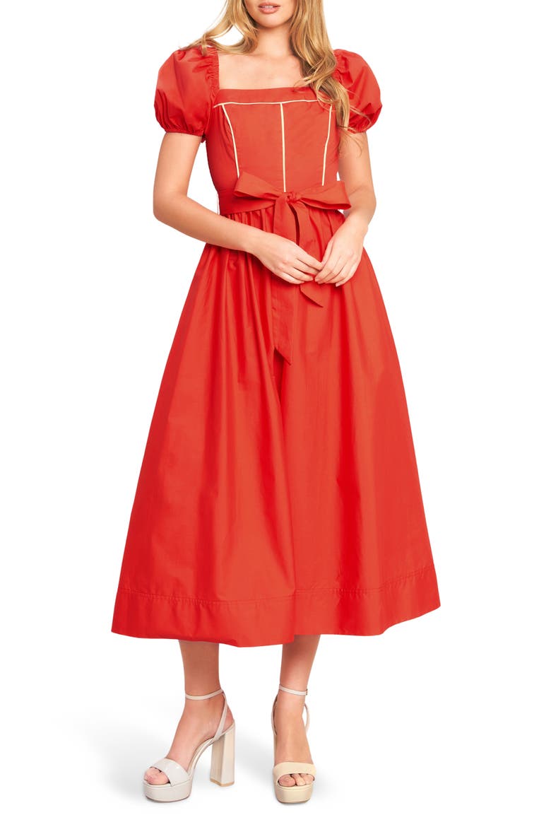 Puff Sleeve Midi Dress, Main, color, CORAL RED