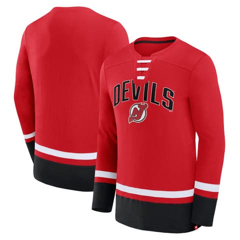 Men's Fanatics Branded Red New Jersey Devils Back Pass Lace-Up Long Sleeve T-Shirt