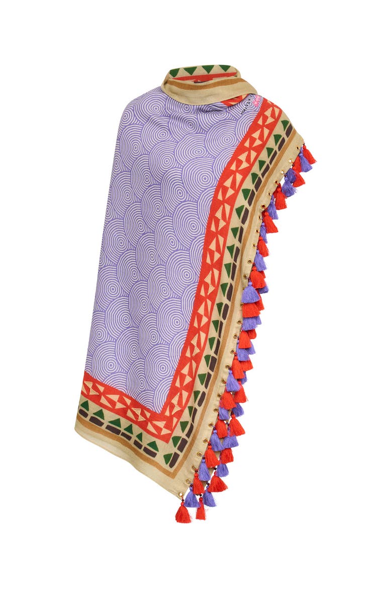 Printed And Embroidered Scarfs With Tassels, Alternate, color, Blue/Multicolour