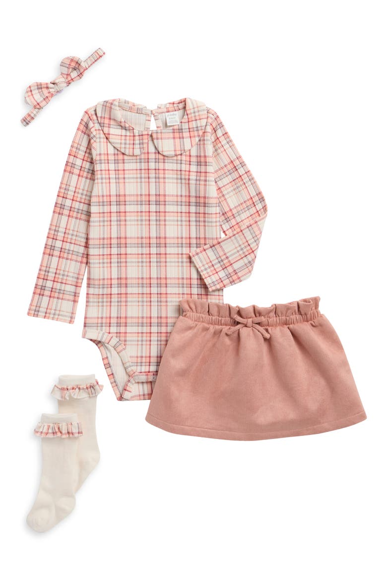 Peter Pan Collar Bodysuit, Skirt, Headband & Socks Set, Main, color, OFF WHITE PLAID