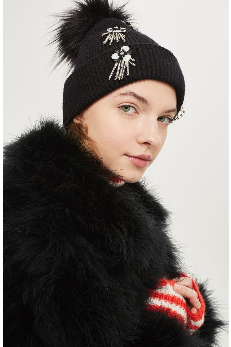 Flower Burst Embellished Beanie, Alternate, color, BLACK MULTI