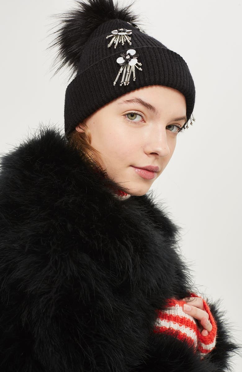 Topshop Flower Burst Embellished Beanie, Alternate, color, 