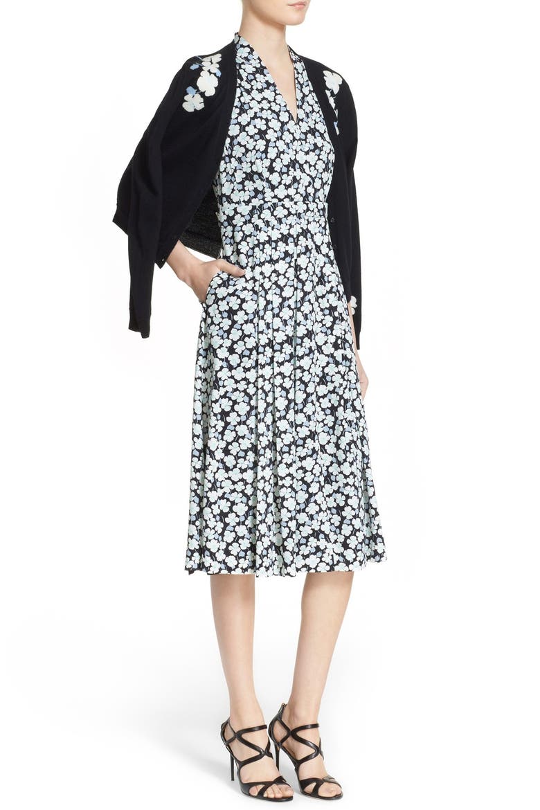 Floral Print Silk Twill Dress, Alternate, color, BLACK PANSY PRINT