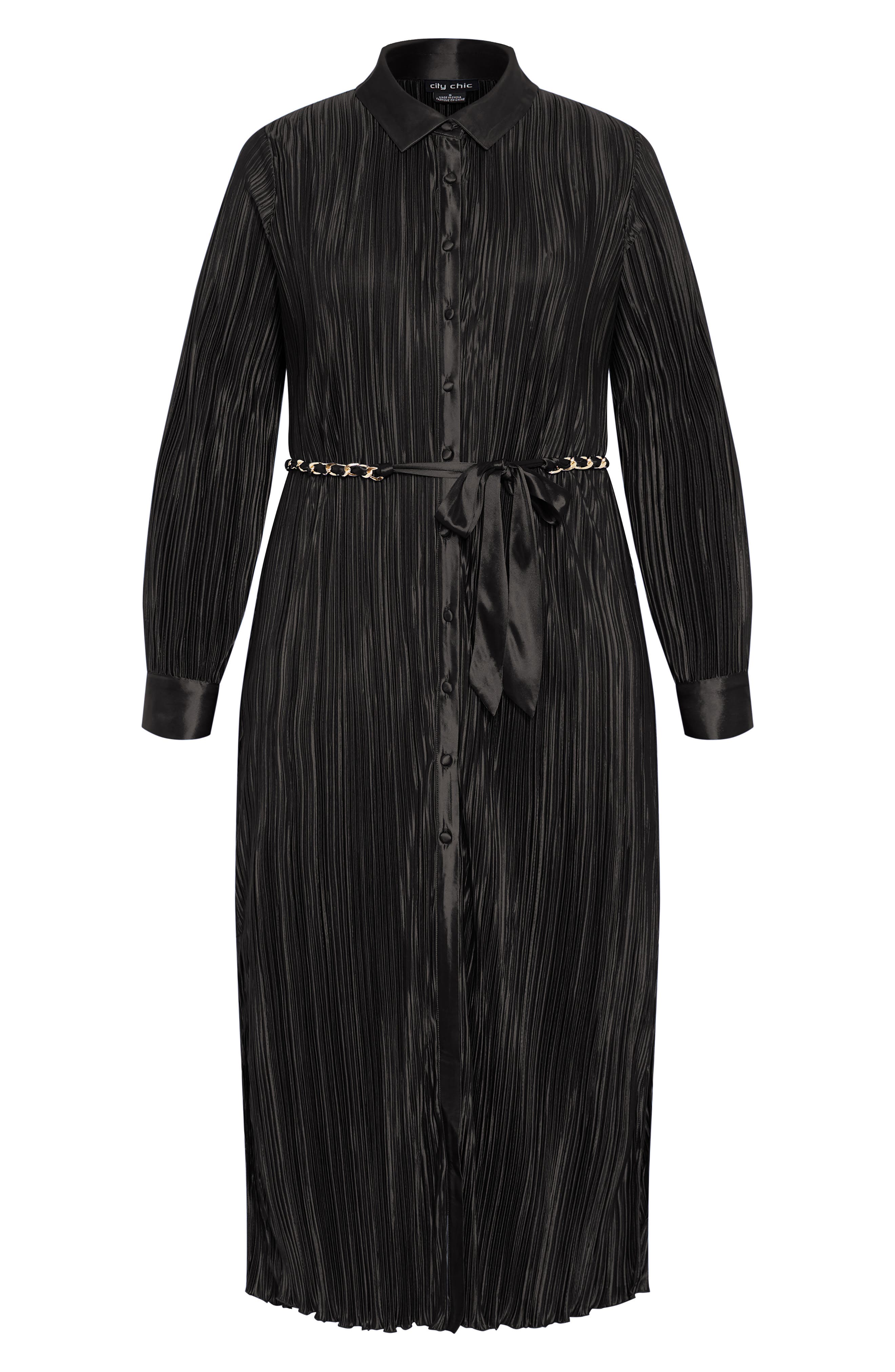 City Chic Amirah Plissé Long Sleeve Maxi Shirtdress In Black