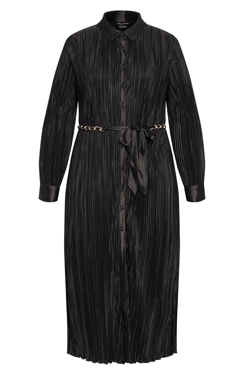 City Chic Amirah Plissé Long Sleeve Maxi Shirtdress, Main, color, Black