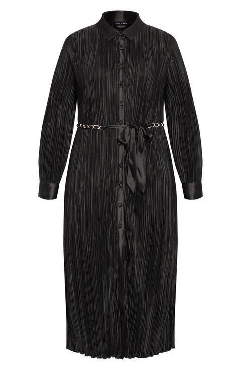 Amirah Plissé Long Sleeve Maxi Shirtdress (Plus)