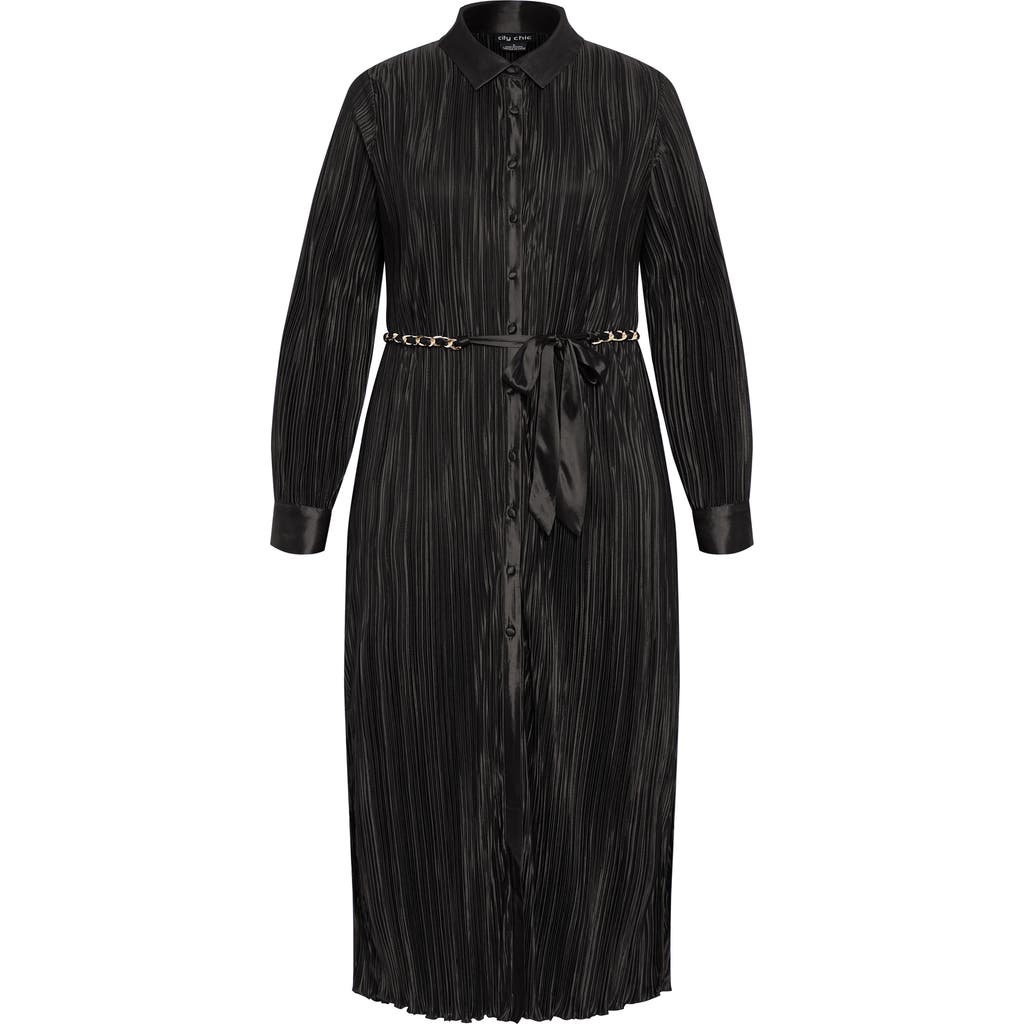 City Chic Amirah Plissé Long Sleeve Maxi Shirtdress In Black