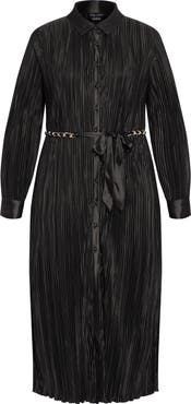 City Chic Amirah Plissé Long Sleeve Maxi Shirtdress