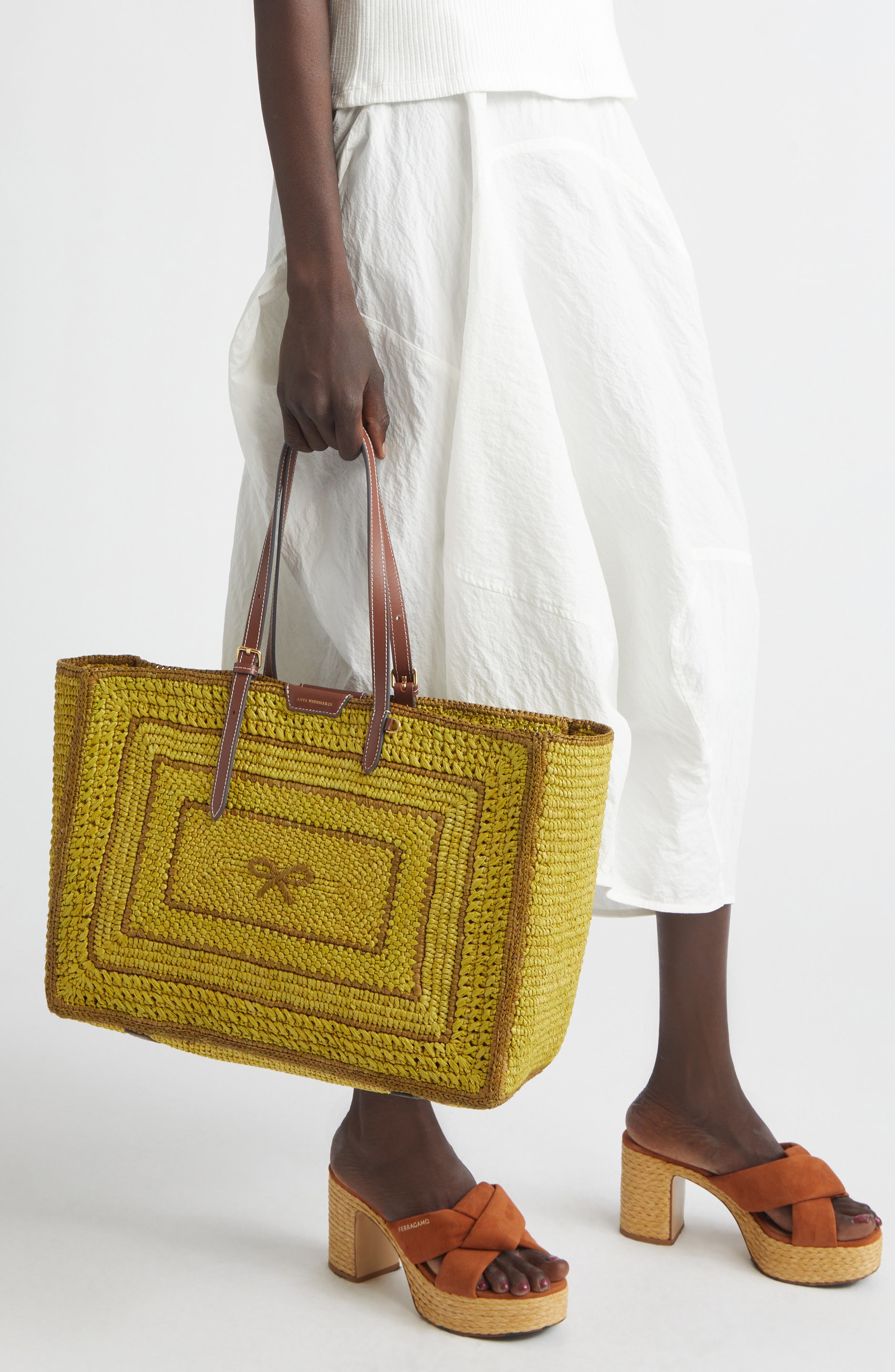 Anya Hindmarch East West Bow Raffia Tote, Alternate, color, Caper