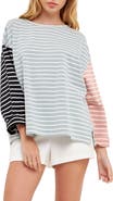 English Factory Colorblock Stripe Long Sleeve Stretch Cotton Top