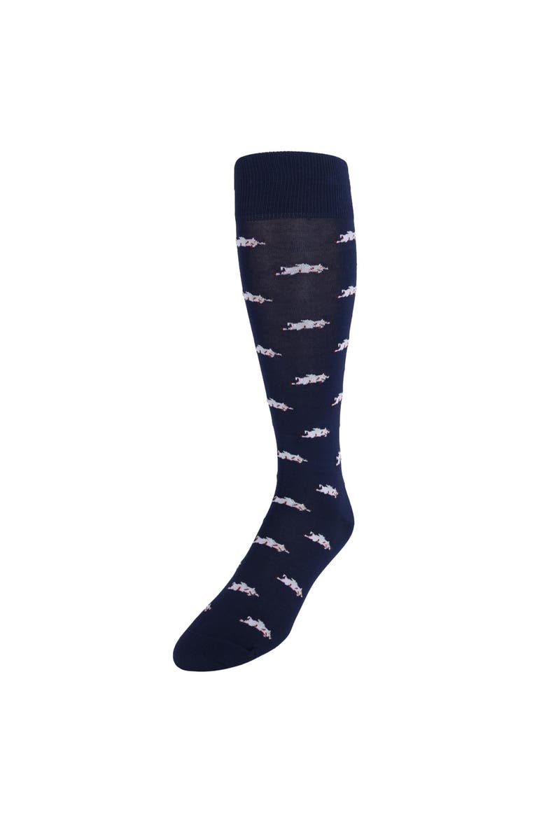 Penelope's Flying Pigs Over The Calf Mercerized Cotton Novelty Socks, Main, color, Navy Blue