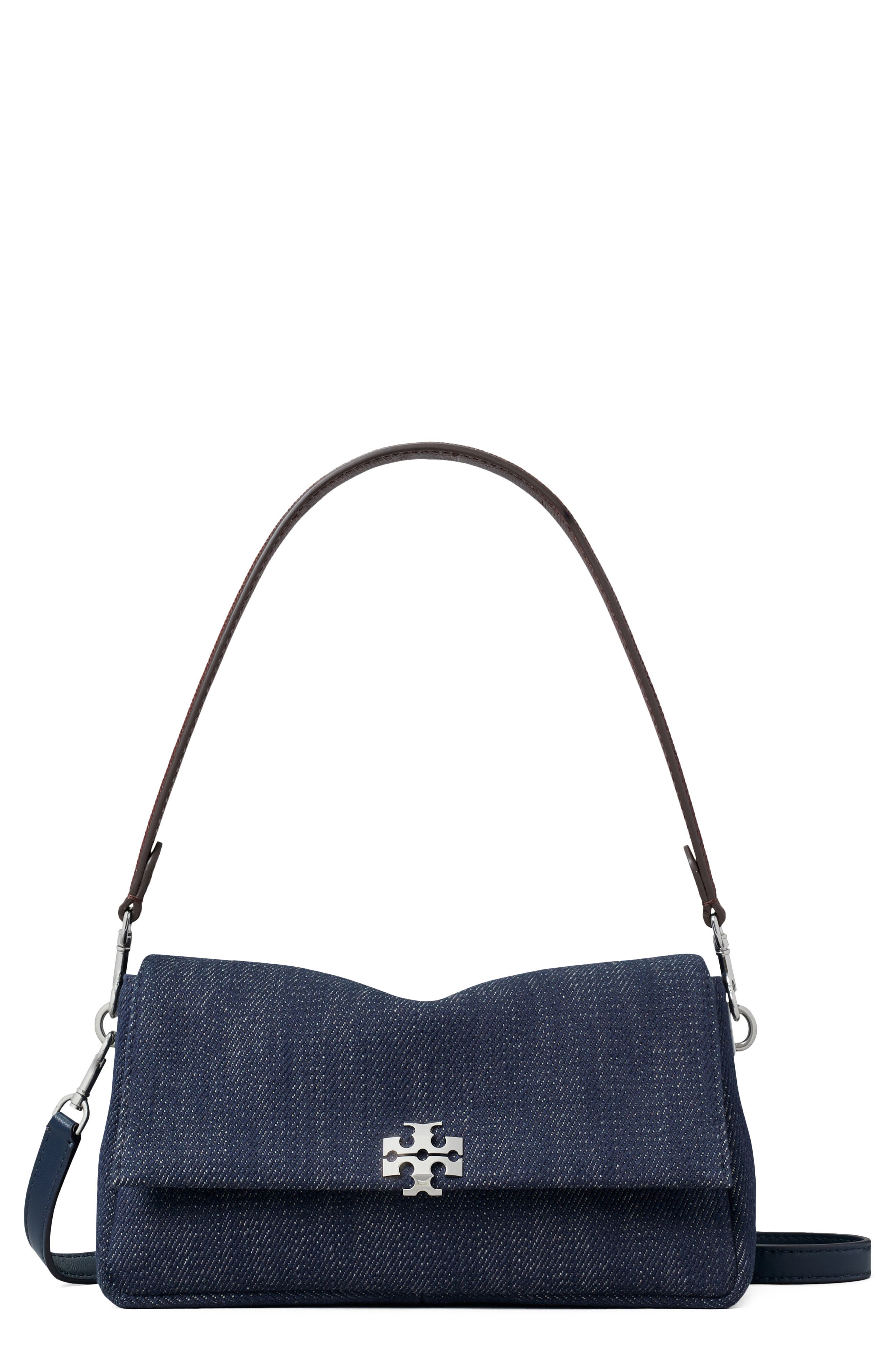 Tory Burch Small Charlie Denim Shoulder Bag, Main, color, Midnight