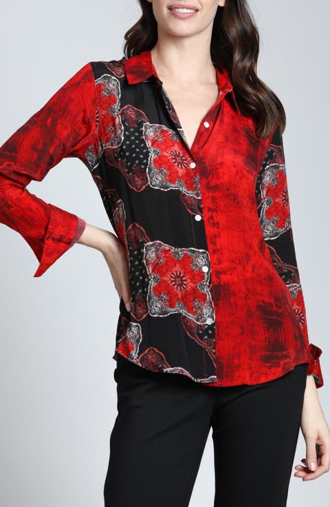 Abstract Print Roll Tab Sleeve Chiffon Button-Up Shirt