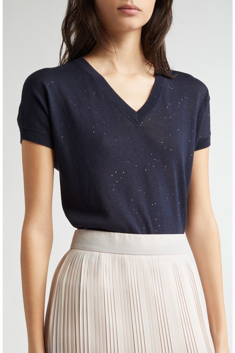 Sequin Silk & Cotton V-Neck Sweater, Alternate, color, BLUE