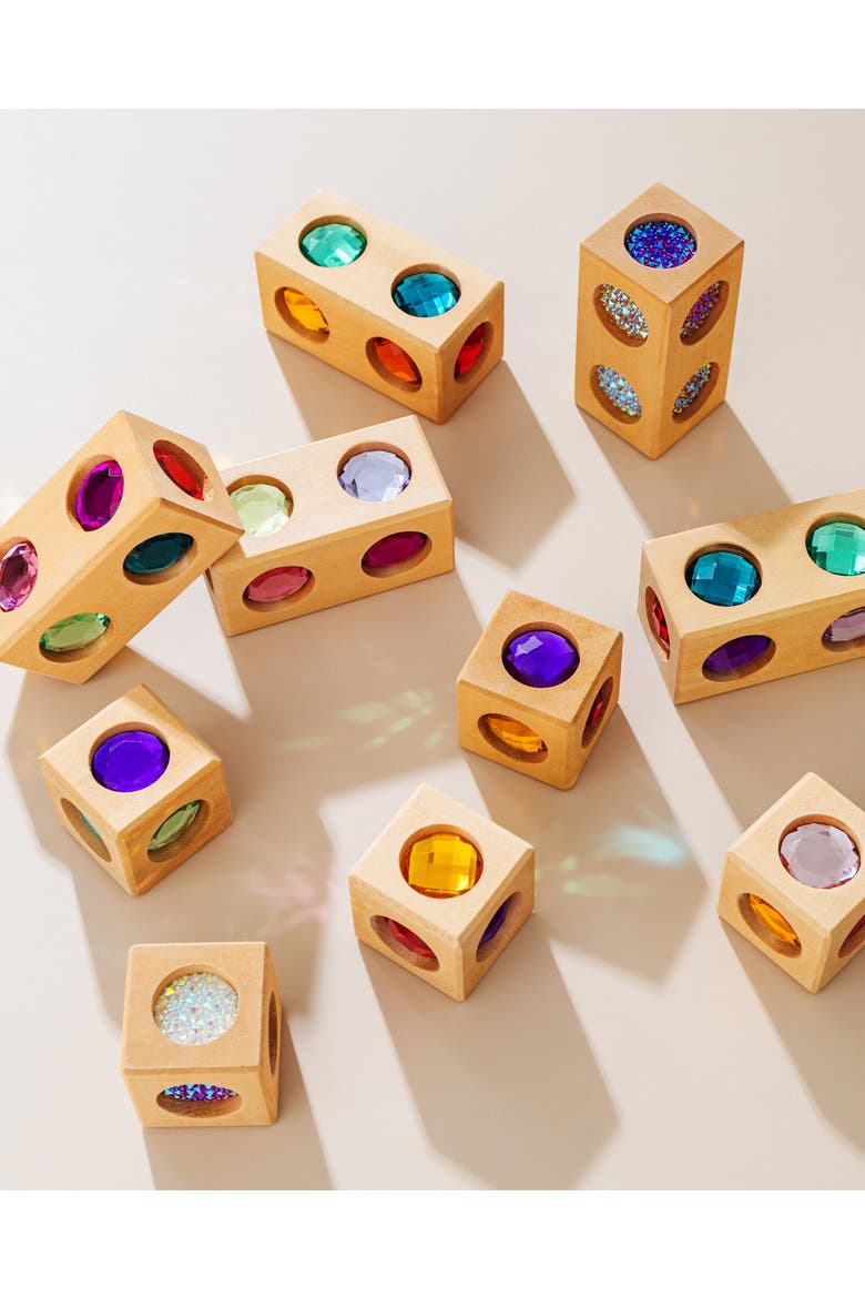 Frankie Wooden Building Blocks with Acrylic Gem Inlays - 10 Pieces, Alternate, color, Multicolor
